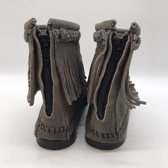 Minnetonka Gray Suede Moccasins Women's 7 Braided Fringe Back Zip Bootie 291T - Picture 4 of 10